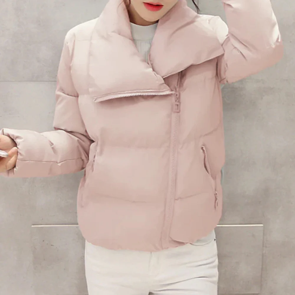Women's Padded Quilted Jacket – Regular Fit – Asymmetrical Zipper – High Collar Pink