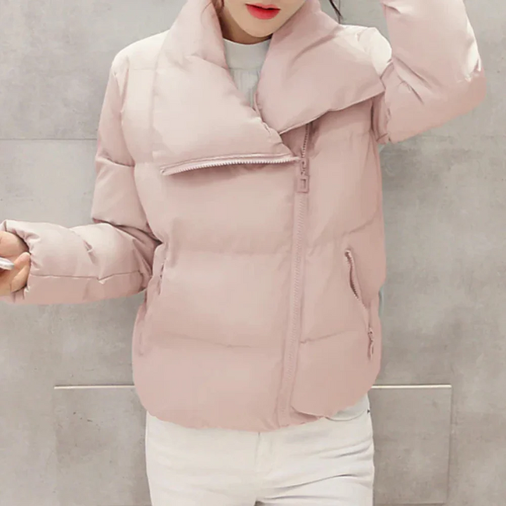 Women's Padded Quilted Jacket – Regular Fit – Asymmetrical Zipper – High Collar Pink