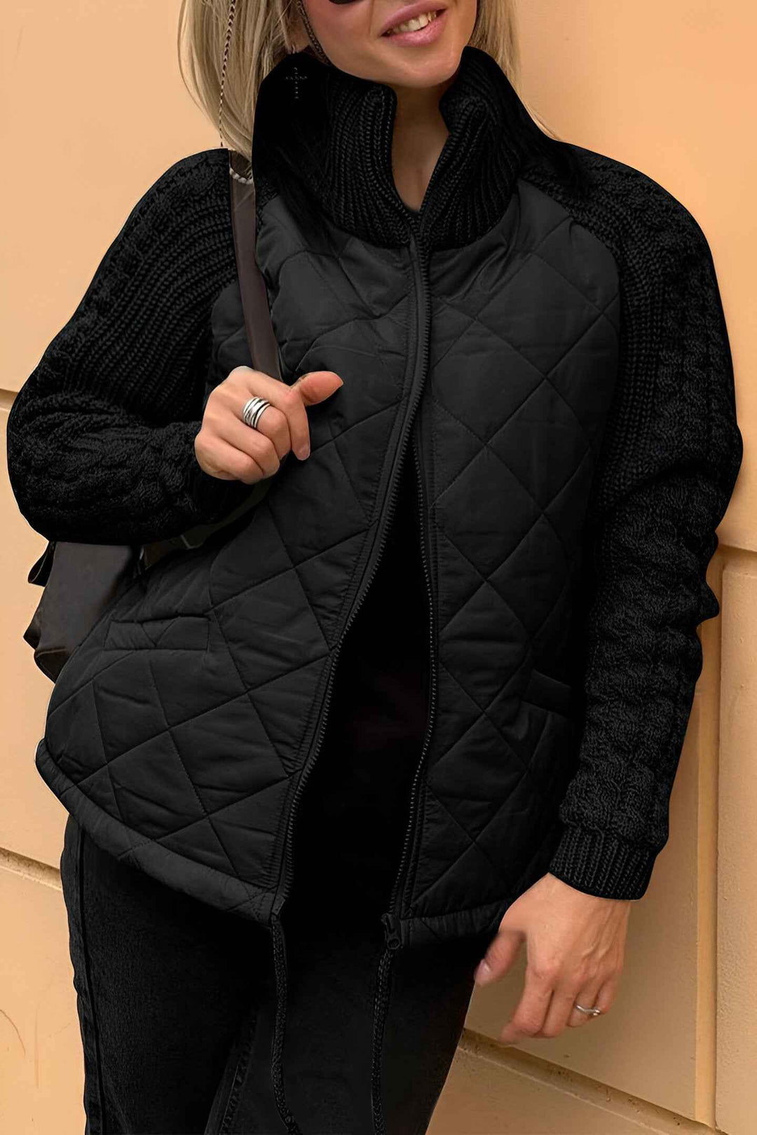 Women's Patchwork Knit Zip Jacket Black