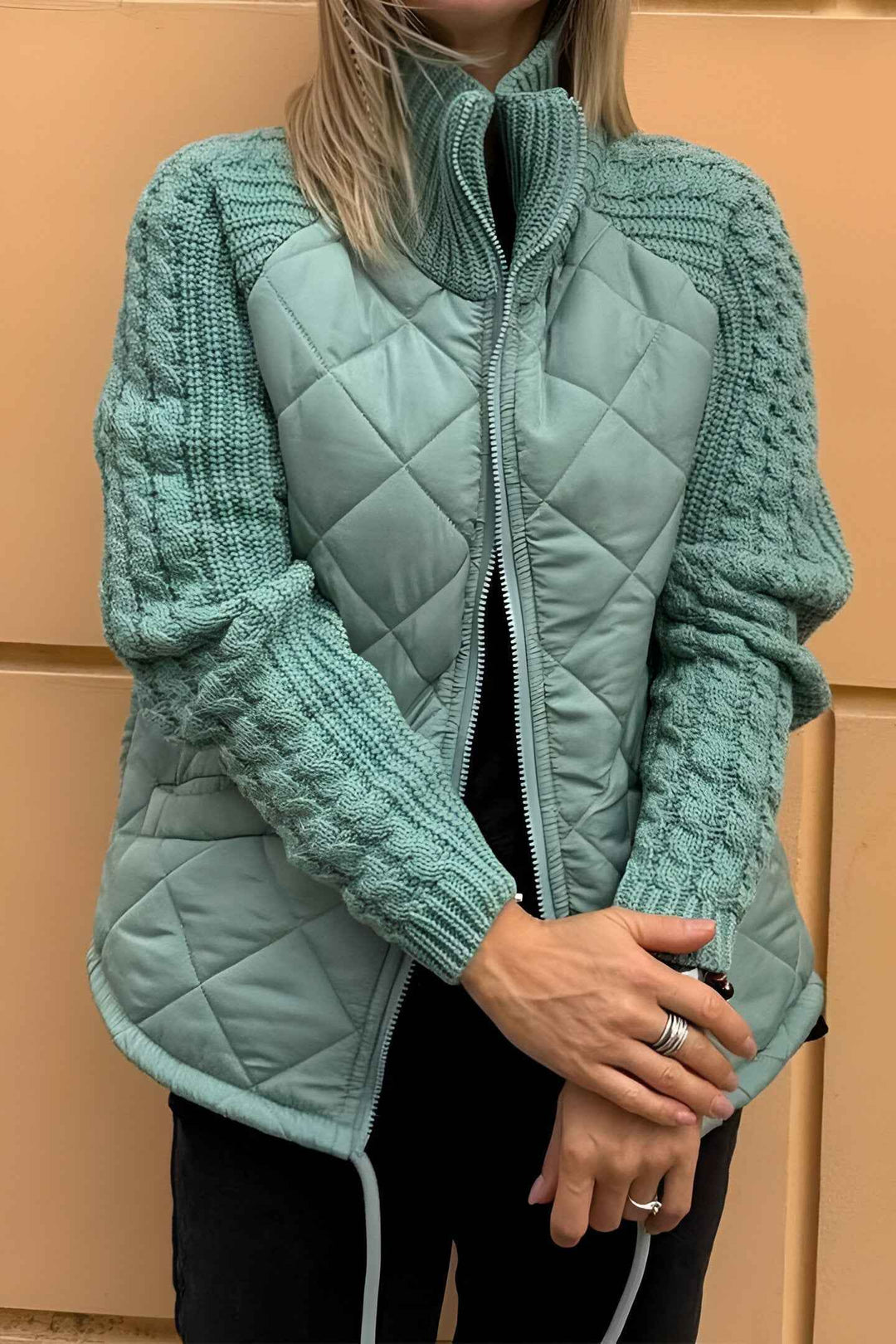 Women's Patchwork Knit Zip Jacket Green
