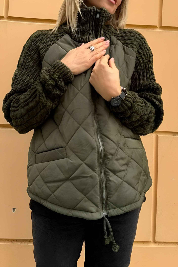 Women's Patchwork Knit Zip Jacket Dark Green