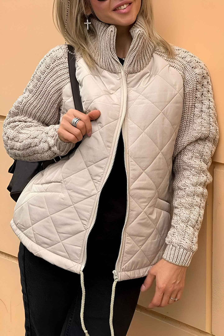 Women's Patchwork Knit Zip Jacket Beige
