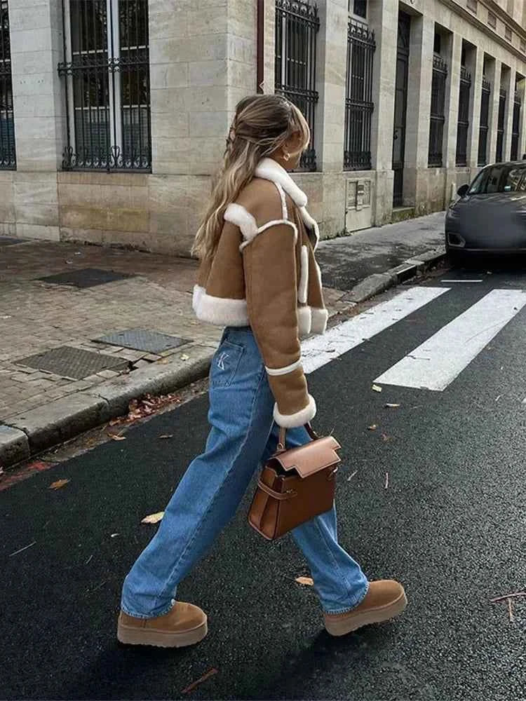 Women's Plush Collar Winter Coat | Short Leather Style