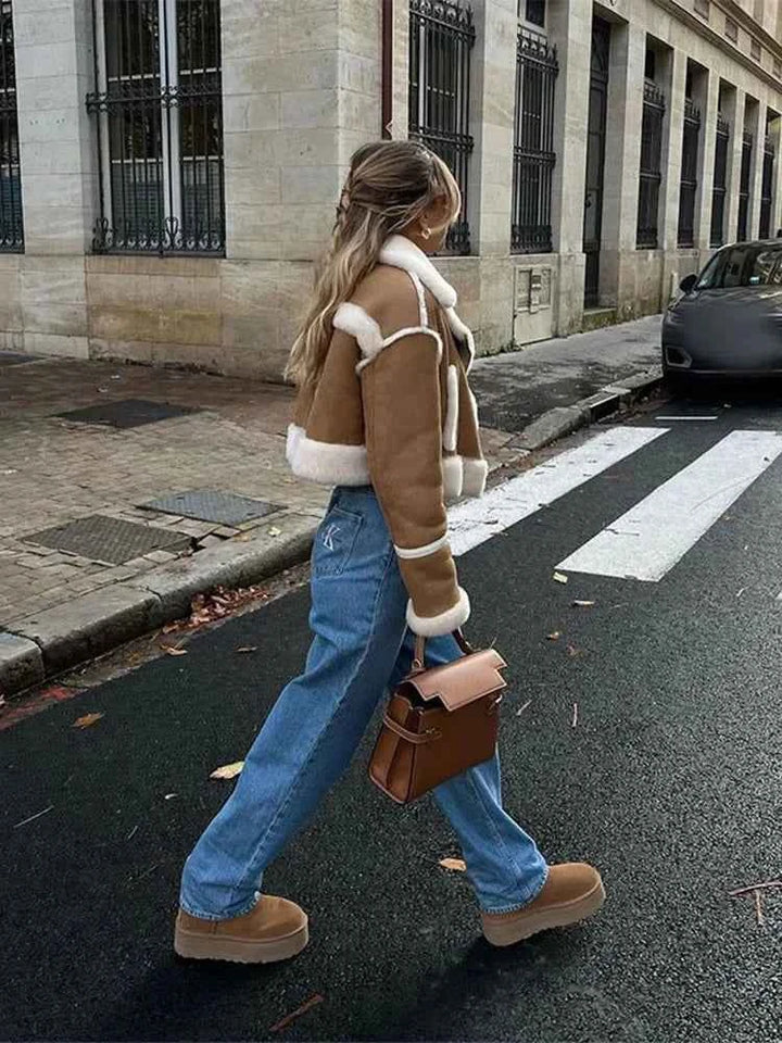 Women's Plush Collar Winter Coat | Short Leather Style