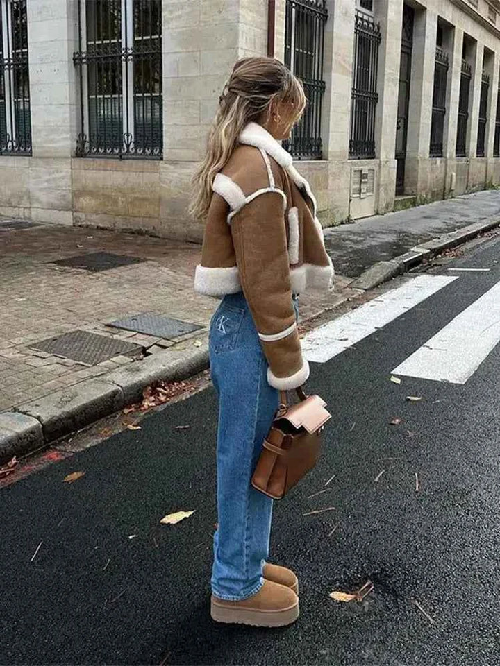 Women's Plush Collar Winter Coat | Short Leather Style