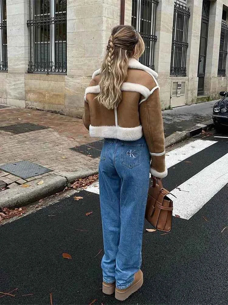 Women's Plush Collar Winter Coat | Short Leather Style