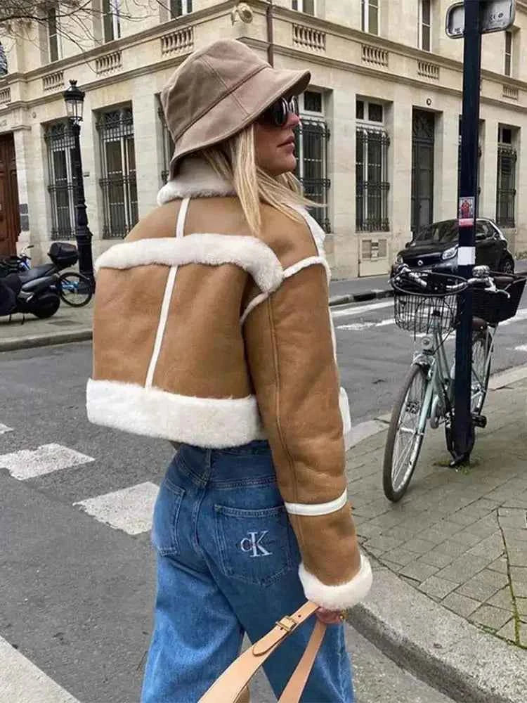 Women's Plush Collar Winter Coat | Short Leather Style