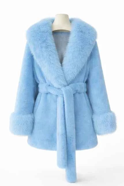Women's Plush Faux Fur Trim Belted Coat with Statement Collar Sky Blue