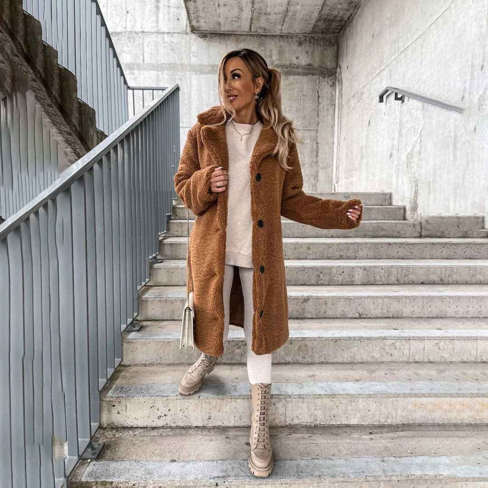 Women's Plush Fleece Long Teddy Coat - Relaxed Fit, Button Closure, Warm Lining Brown