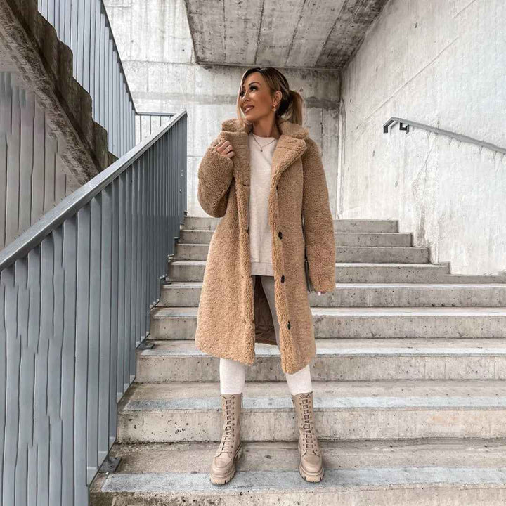Women's Plush Fleece Long Teddy Coat - Relaxed Fit, Button Closure, Warm Lining Khaki