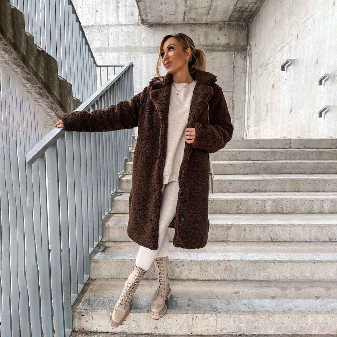 Women's Plush Fleece Long Teddy Coat - Relaxed Fit, Button Closure, Warm Lining Coffee