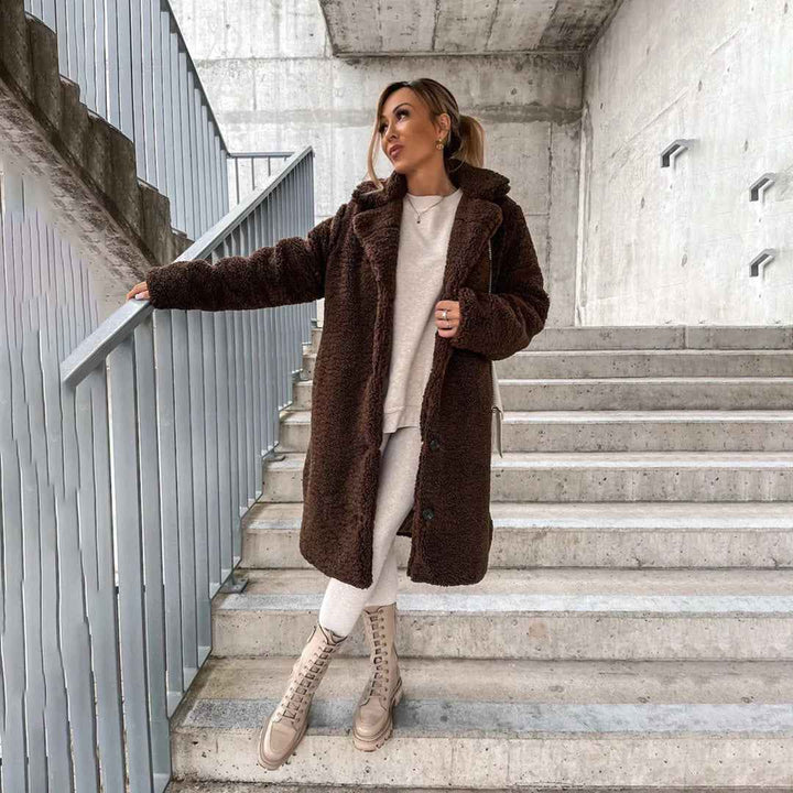 Women's Plush Fleece Long Teddy Coat - Relaxed Fit, Button Closure, Warm Lining Coffee