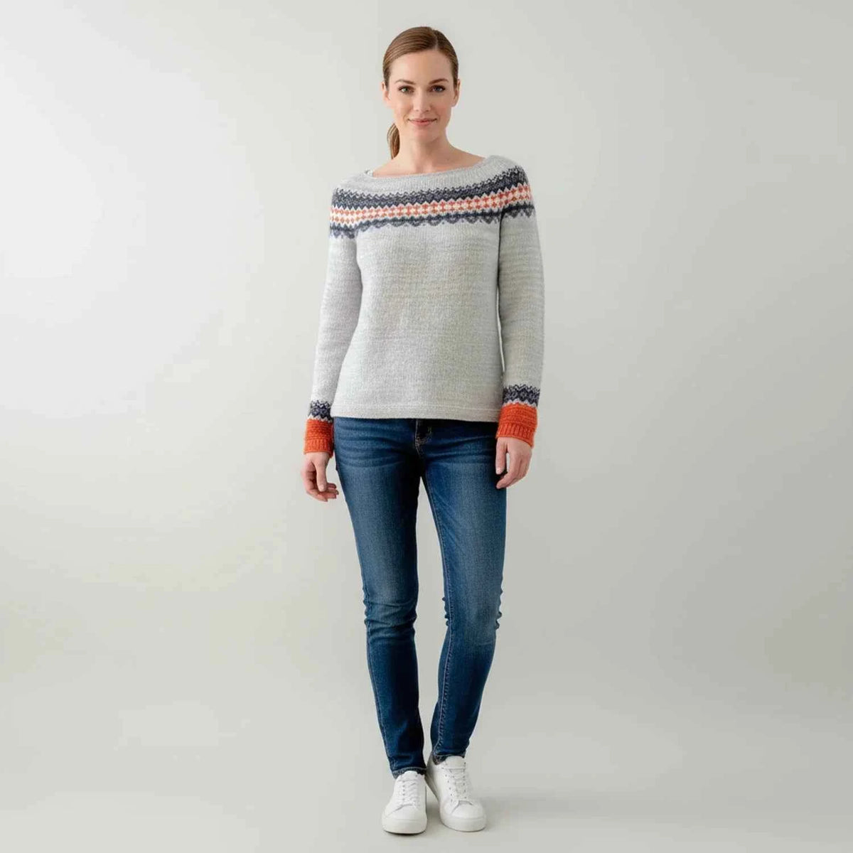 Women's Cotton Sweater Relaxed Fit Fair Isle Green Winter