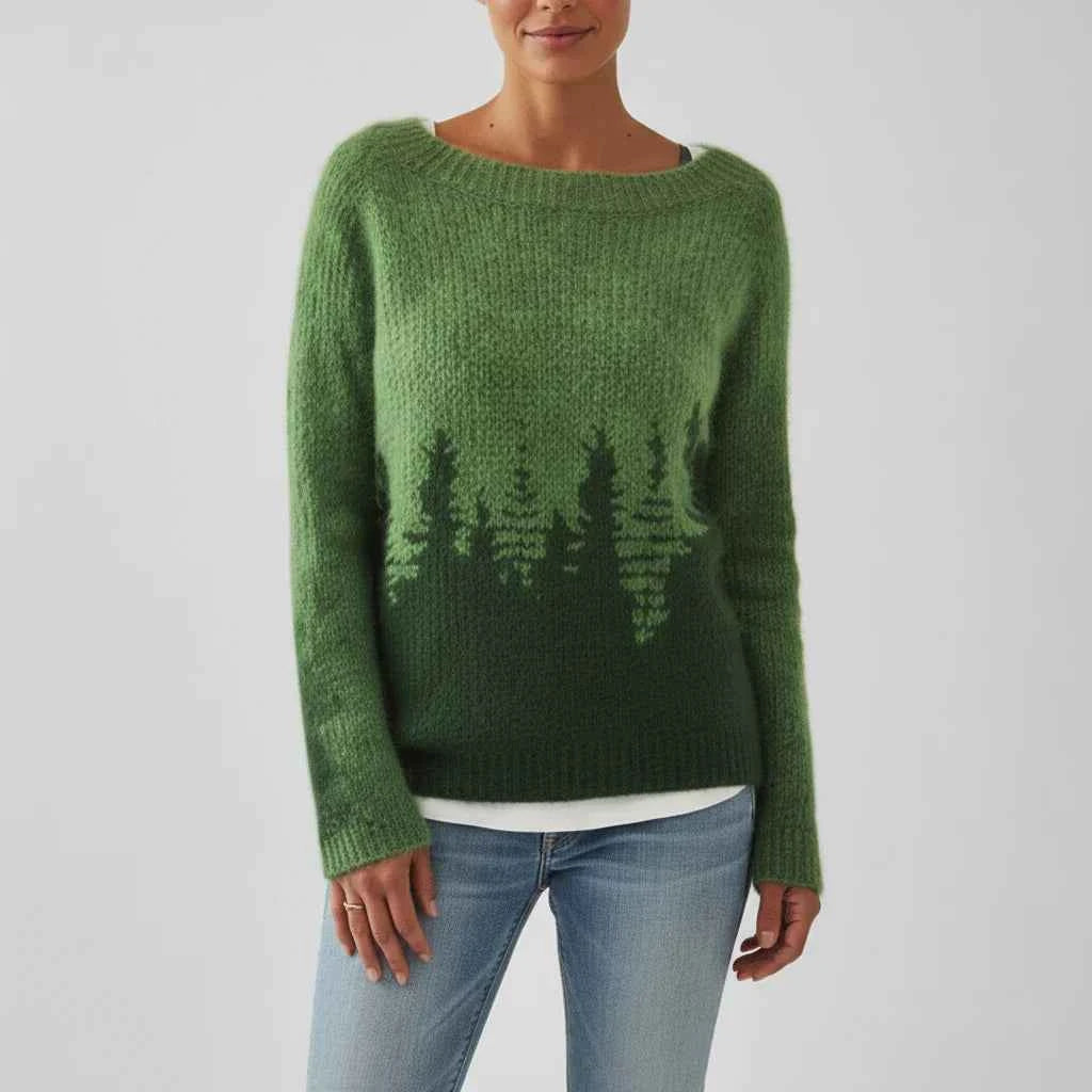 Women's Printed Crewneck Sweater Dark Green
