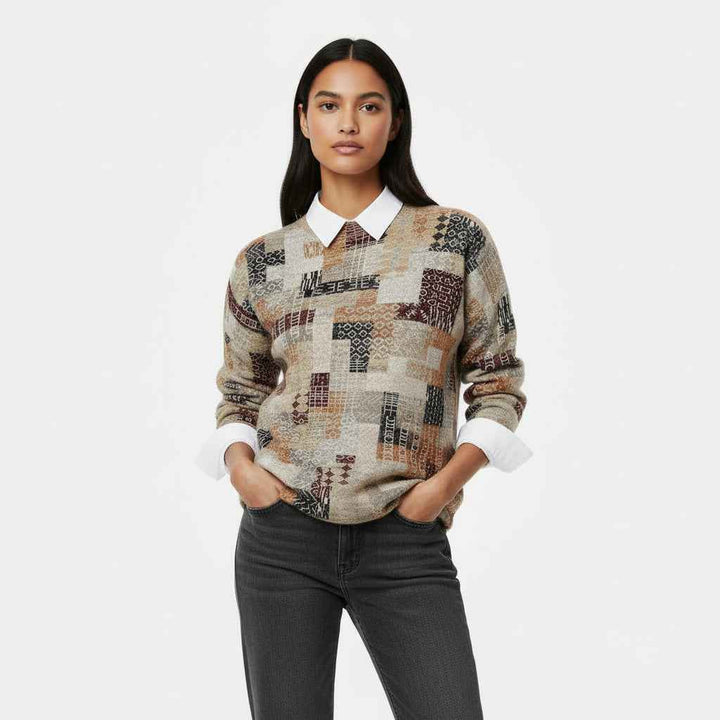 Women's Printed Crewneck Sweater Khaki