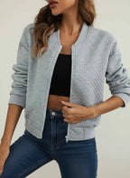 Women's Quilted Zip Up Ribbed Cuffs Hem Lightweight Bomber Gray