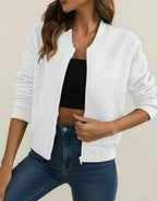 Women's Quilted Zip Up Ribbed Cuffs Hem Lightweight Bomber White