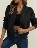 Women's Quilted Zip Up Ribbed Cuffs Hem Lightweight Bomber Black