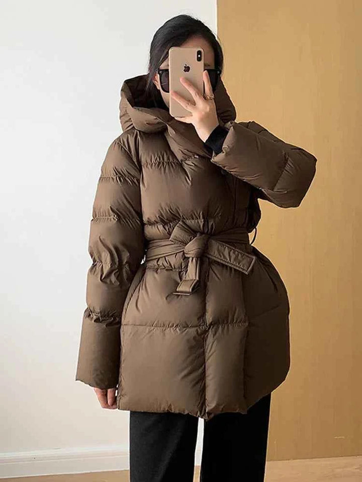 Women's Quilted Puffer Jacket with Hood - Tailored Fit, Long Sleeves Brown