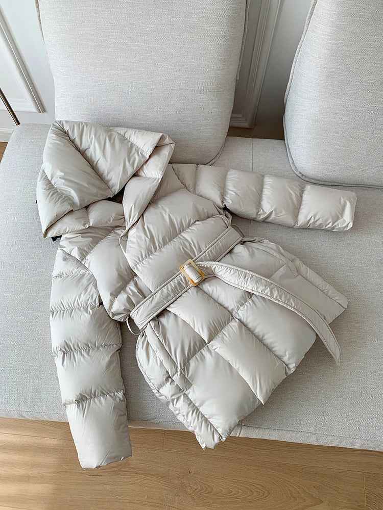Women's Quilted Puffer Jacket with Hood - Tailored Fit, Long Sleeves Beige