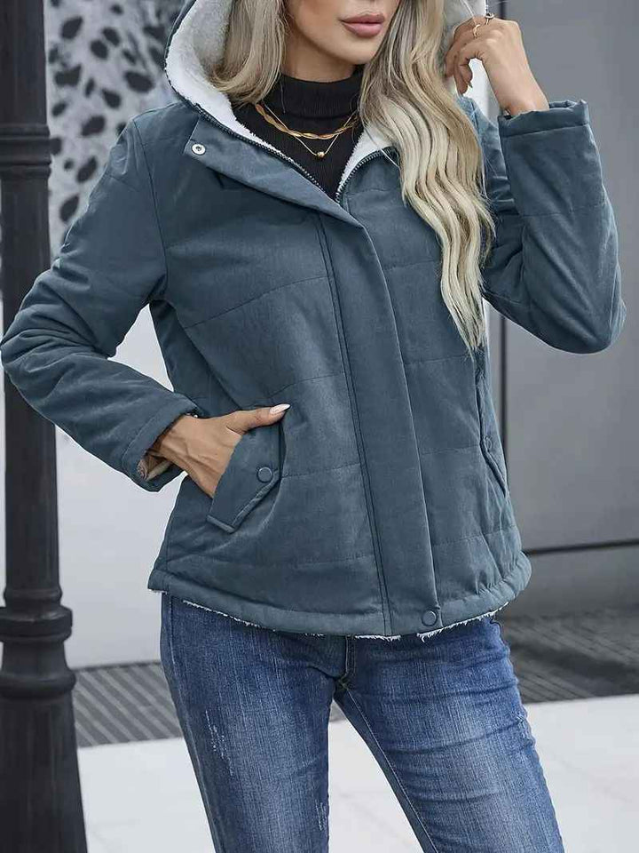 Women's Quilted Short Coat with Fleece Lining, Hood, and Zipper Closure - Regular Fit Blue