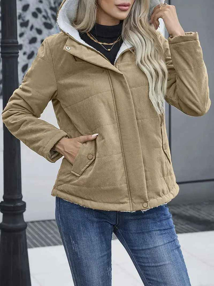 Women's Quilted Short Coat with Fleece Lining, Hood, and Zipper Closure - Regular Fit Khaki