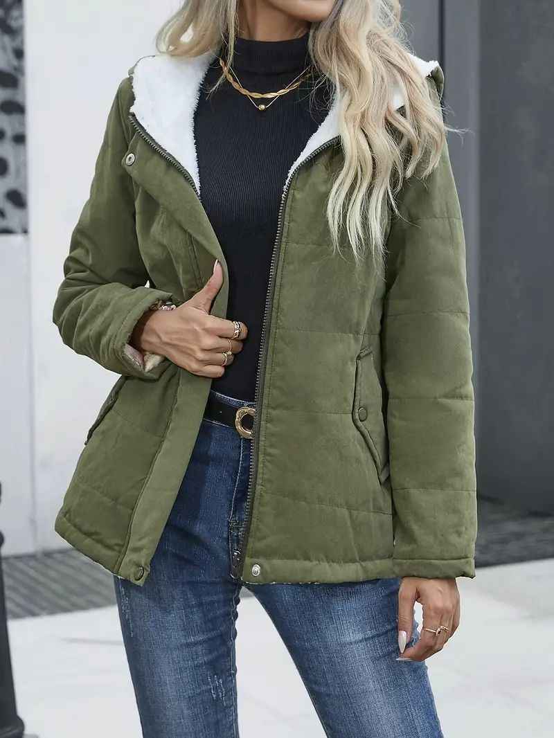 Women's Quilted Short Coat with Fleece Lining, Hood, and Zipper Closure - Regular Fit Green