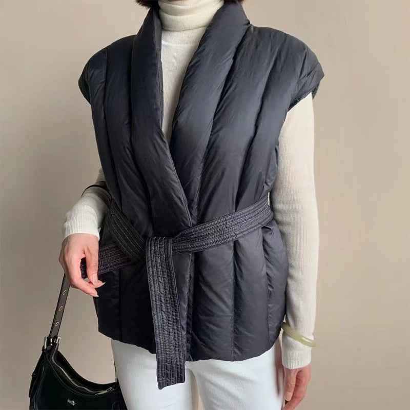 Women's Quilted Wrap Front Puffer Vest with Shawl Collar and Belt Black