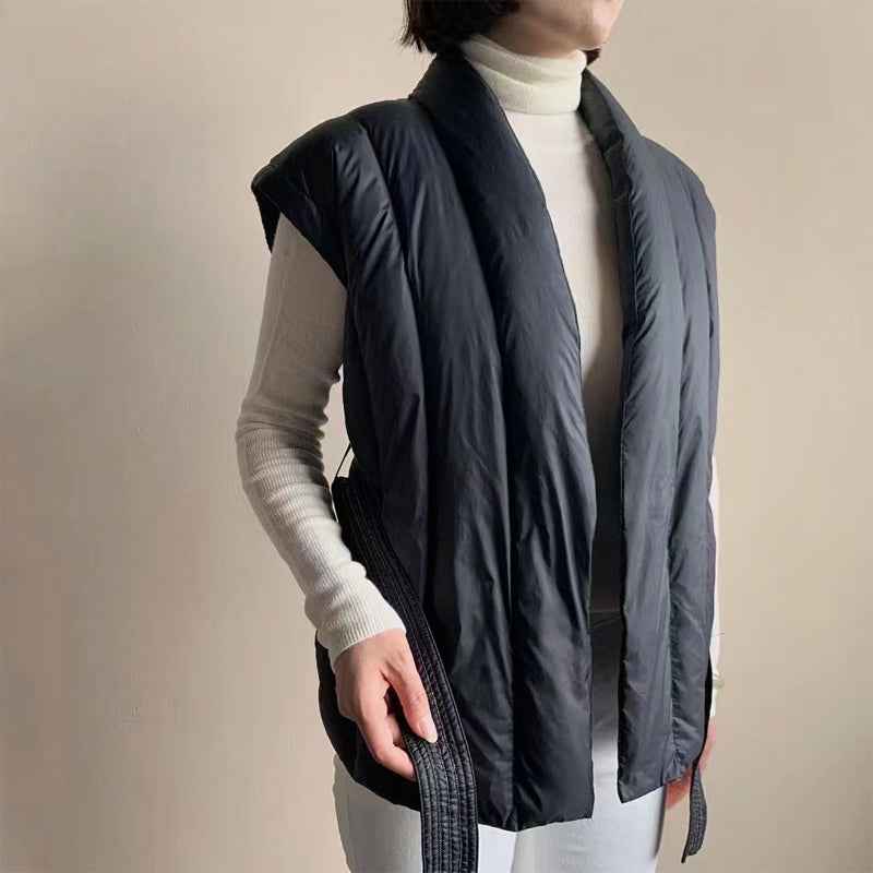 Women's Quilted Wrap Front Puffer Vest with Shawl Collar and Belt
