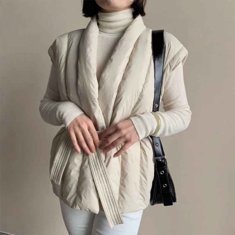 Women's Quilted Wrap Front Puffer Vest with Shawl Collar and Belt Beige