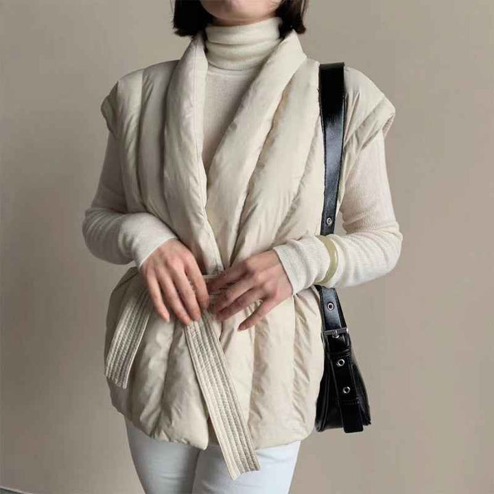 Women's Quilted Wrap Front Puffer Vest with Shawl Collar and Belt Beige