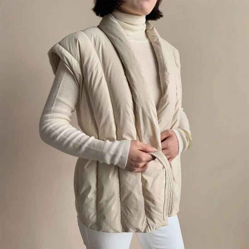 Women's Quilted Wrap Front Puffer Vest with Shawl Collar and Belt