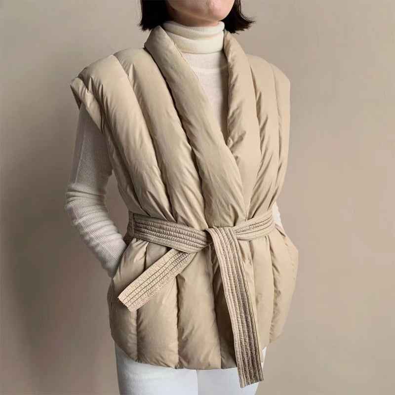 Women's Quilted Wrap Front Puffer Vest with Shawl Collar and Belt Khaki