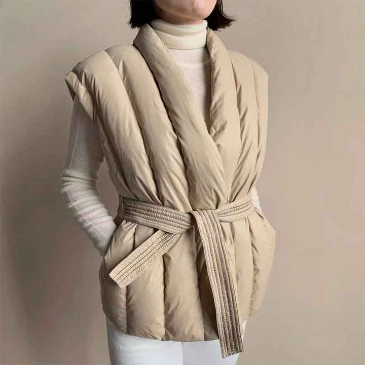 Women's Quilted Wrap Front Puffer Vest with Shawl Collar and Belt Khaki