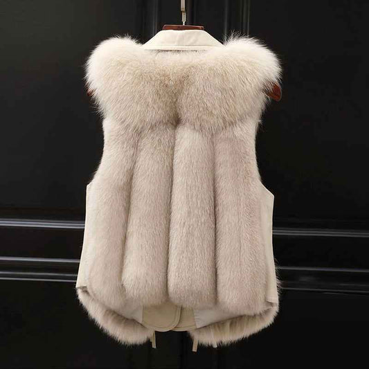 Women's Beige Faux Fur Trim Lapel Adjustable Waist Hip Vest