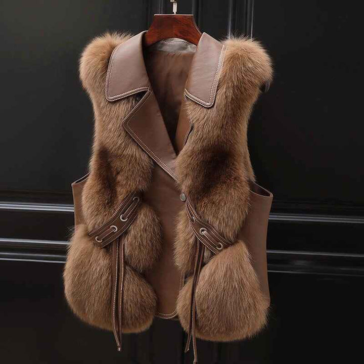 Women's Regular Fit Collared Lapel Fur Trim Vest Brown