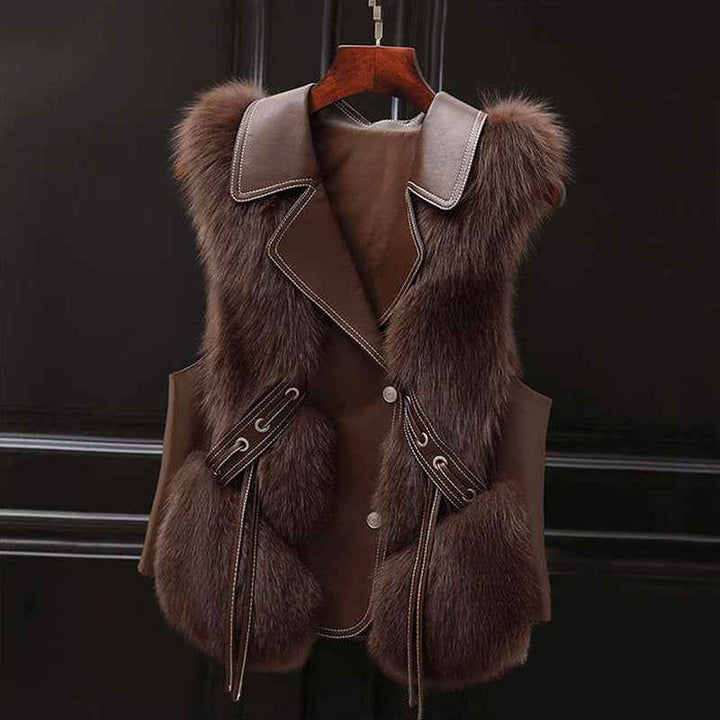 Women's Regular Fit Collared Lapel Fur Trim Vest Dark Brown
