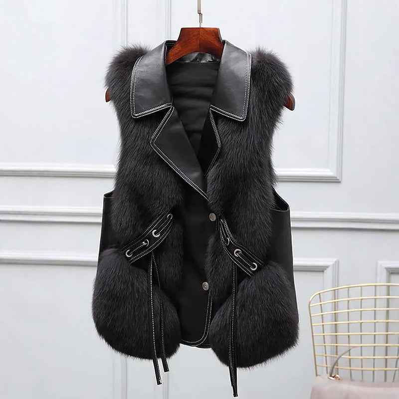 Women's Regular Fit Collared Lapel Fur Trim Vest Black