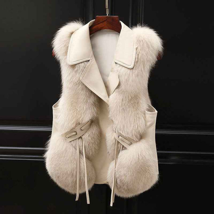 Women's Regular Fit Collared Lapel Fur Trim Vest Beige