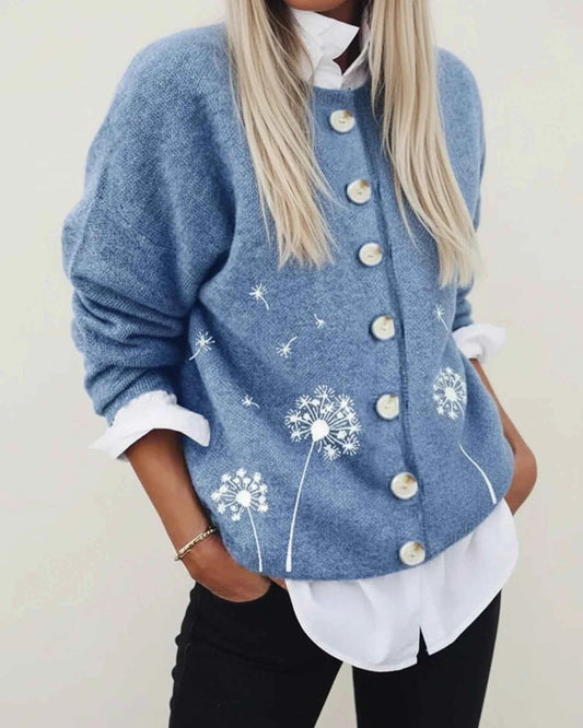 Women's Cotton Crewneck Button-front Long Sleeve Solid Cardigan Blue