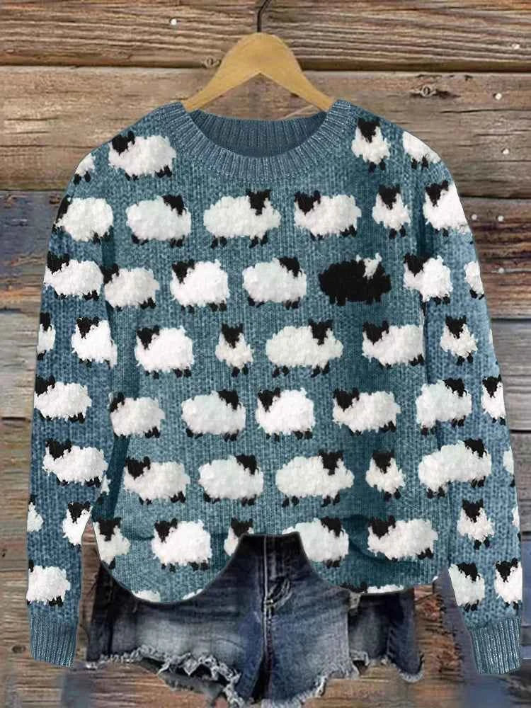 Women's Relaxed Fit 3D Printed Sweater with Sheep Design - Round Neck Blue
