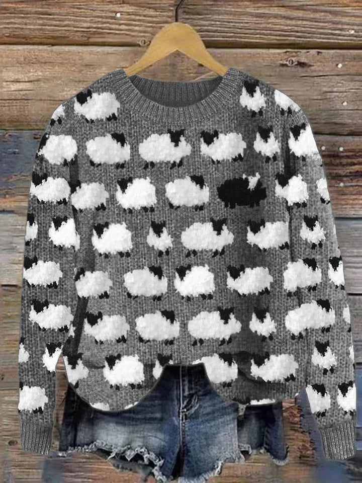 Women's Relaxed Fit 3D Printed Sweater with Sheep Design - Round Neck Grey