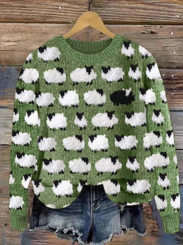 Women's Relaxed Fit 3D Printed Sweater with Sheep Design - Round Neck Green