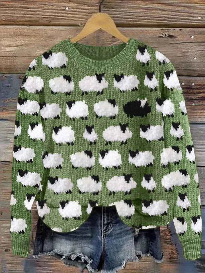 Women's Relaxed Fit 3D Printed Sweater with Sheep Design - Round Neck Green