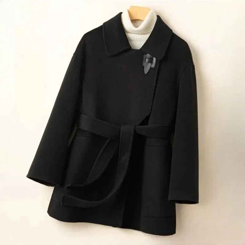 Women's Relaxed Fit Belted Wrap Coat Black