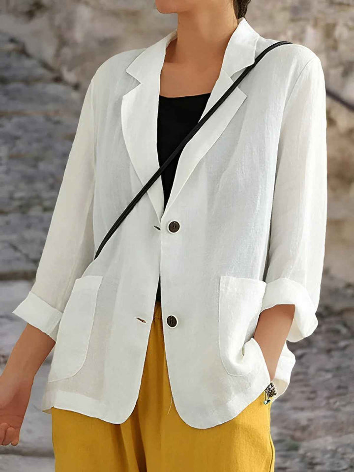Women's Relaxed Fit Blazer – 3/4 Sleeve – Natural Fabric – Patch Pockets White