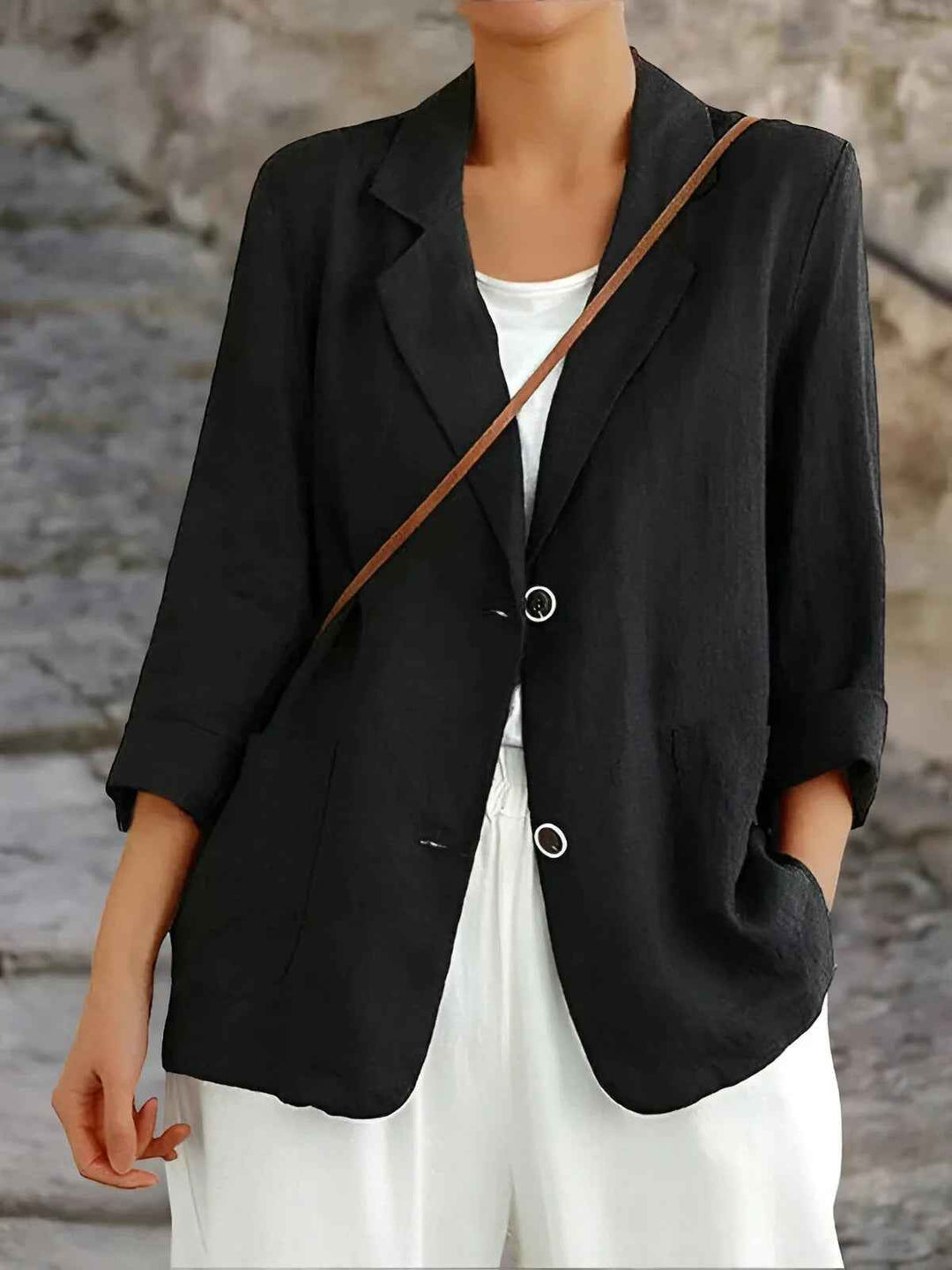 Women's Relaxed Fit Blazer – 3/4 Sleeve – Natural Fabric – Patch Pockets Black