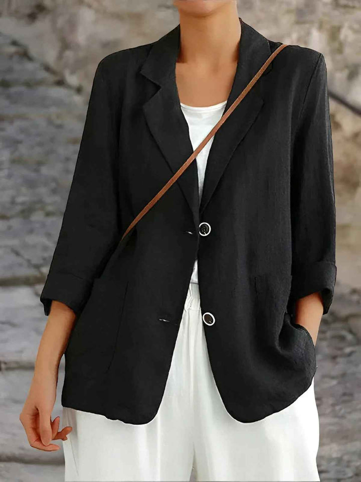 Women's Relaxed Fit Blazer – 3/4 Sleeve – Natural Fabric – Patch Pockets Black