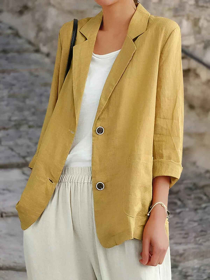 Women's Relaxed Fit Blazer – 3/4 Sleeve – Natural Fabric – Patch Pockets Yellow