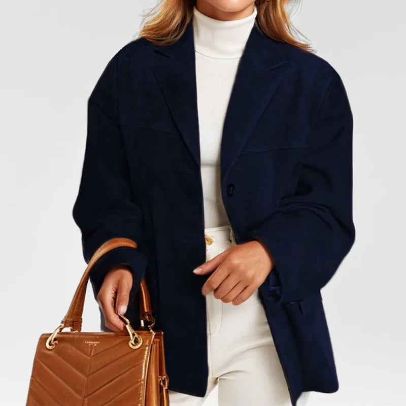 Women's Relaxed Fit Blazer Jacket | Collared Button Front Design Blue
